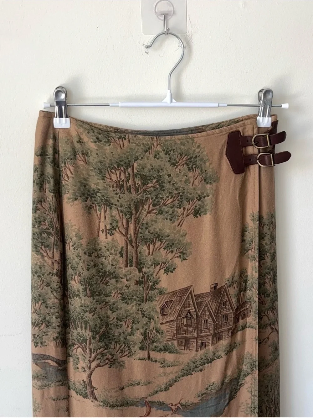 Vintage Ralph Lauren Country Scene Wool Wrap Skirt Size 4 Dog Cabin Fox Hunt